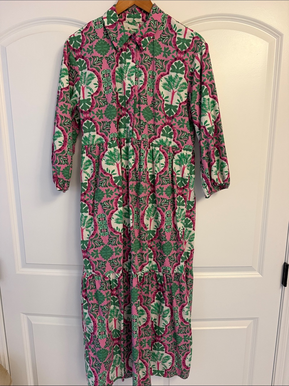 Maeve Pink and Green Botanical Tie-Neck Maxi Dress
